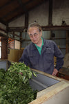 Man working with green leaves in a traditional setting