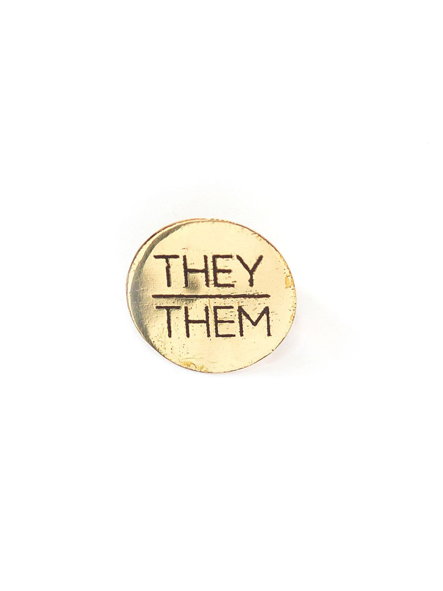 They/them brass pronoun pin – handcrafted, nickel-free, fair trade pin by Fair Anita