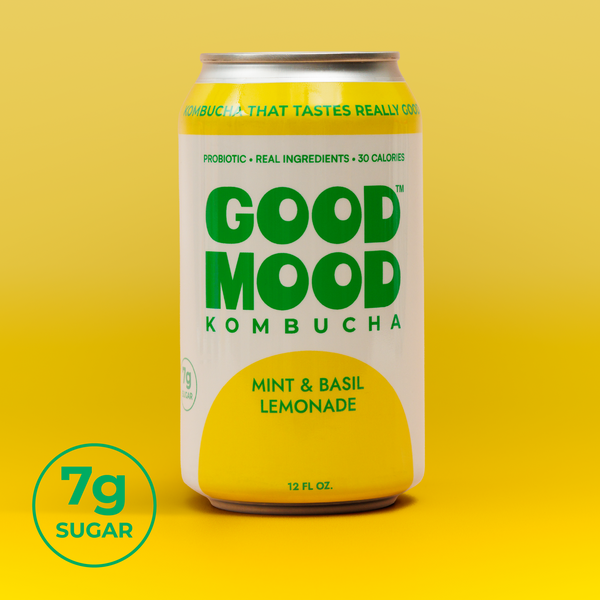 GoodMood Kombucha Mint & Basil Lemonade bottle label close-up