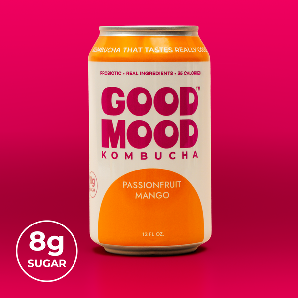 GoodMood Kombucha Passionfruit Mango flavor label detail