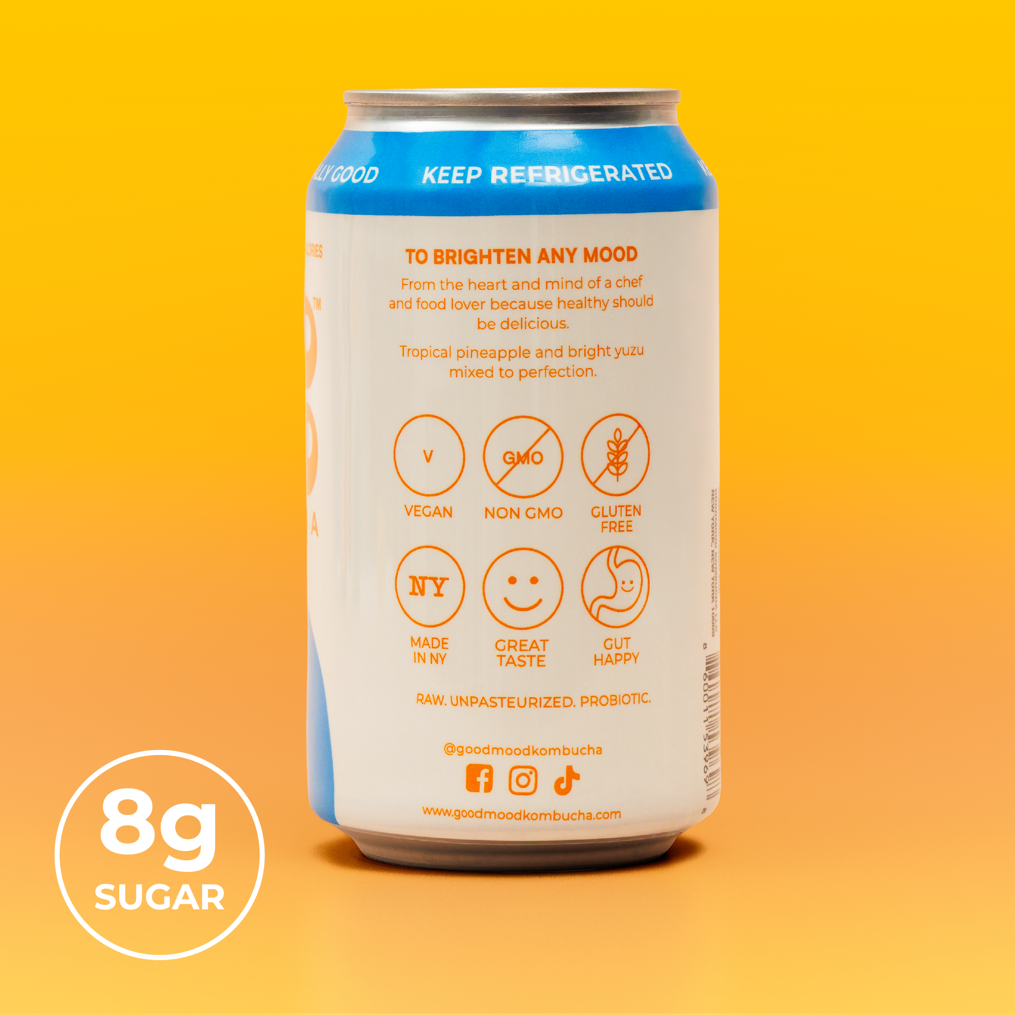 Beer can with nutritional information on a yellow background