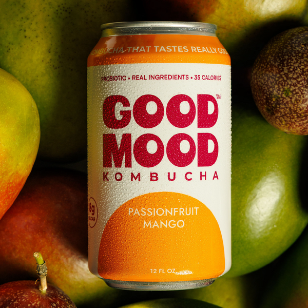 Passionfruit Mango Kombucha bottle by GoodMood Kombucha