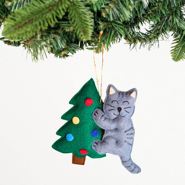 Toppling the Tree Cat Ornament, a handmade felt cat climbing a Christmas tree
