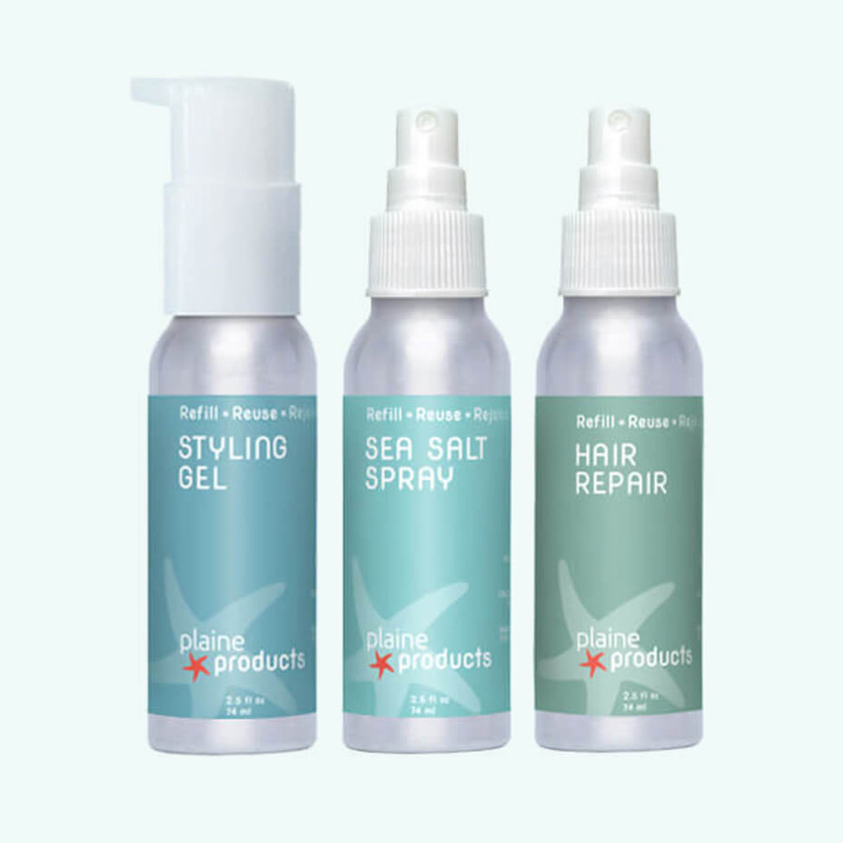 Plaine Products travel hair styling trio featuring styling gel, sea salt spray and hair repair in travel sizes