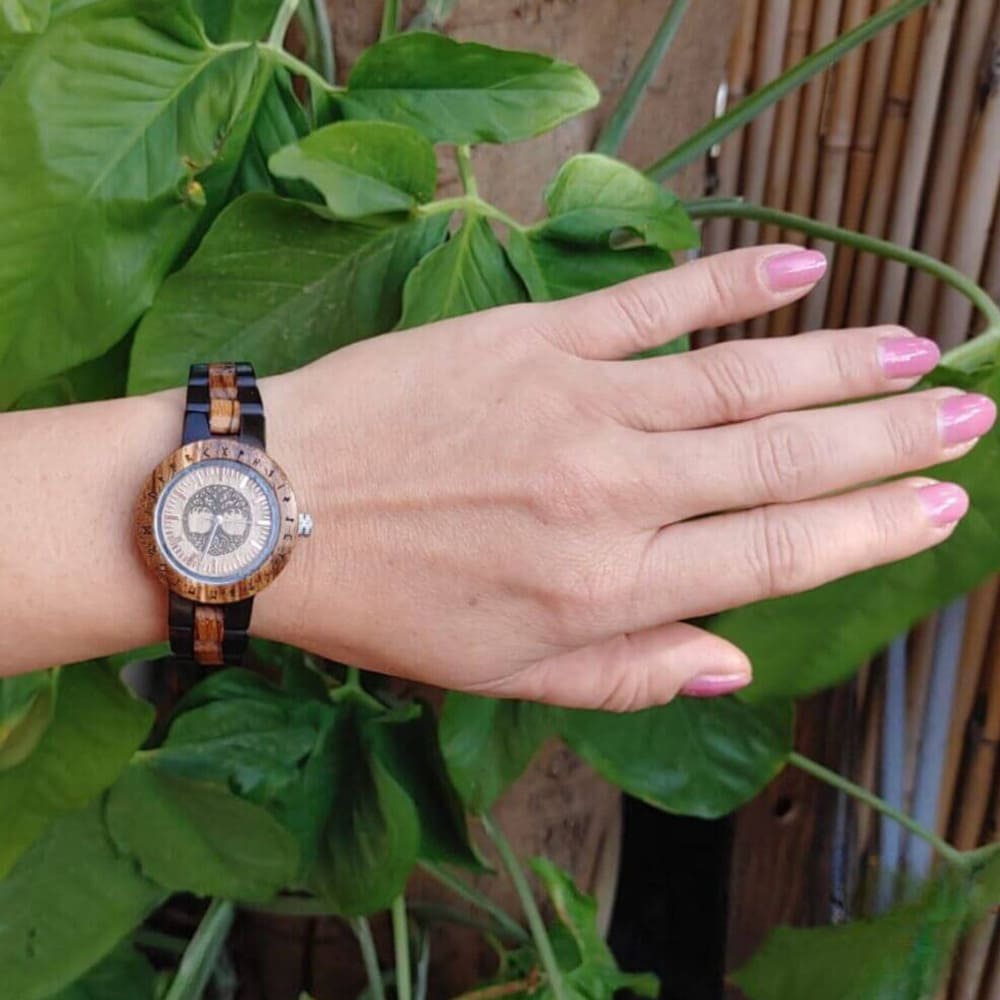 Handmade wooden watch with runic circle engraving and double buckle clasp, made in the USA