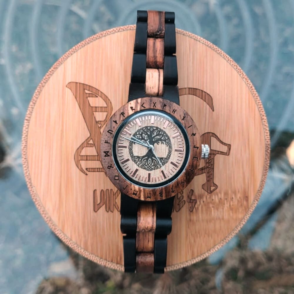 Vikingenes Tree of Life wooden watch presented in a bamboo gift box with luxurious pillow