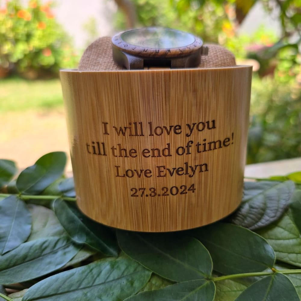 A personalized bamboo keepsake box with an engraved message 'I will love you till the end of time! Love Evelyn 27.3.