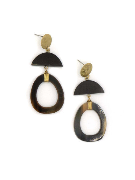 Pair of earrings with black and gold geometric design on a white background