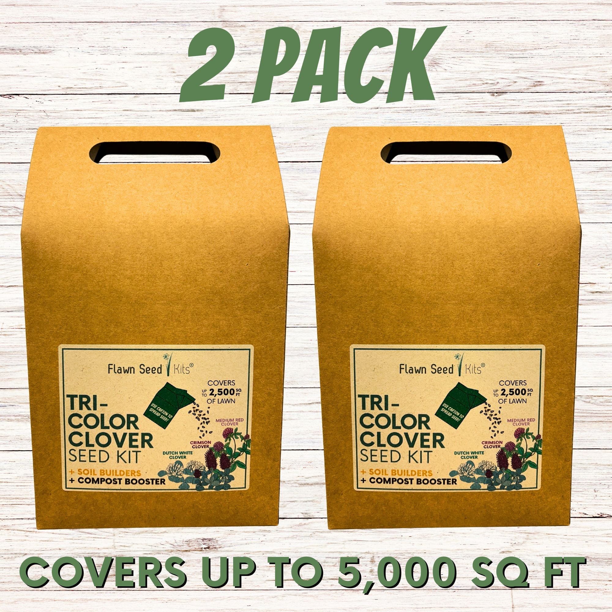 Two Flawn Seed Tri-Color Clover Seed Kit boxes on a wooden background with text indicating coverage and product name.