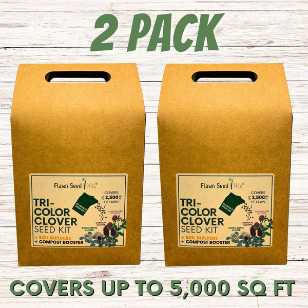Two Flawn Seed Tri-Color Clover Seed Kit boxes on a wooden background with text indicating coverage and product name.