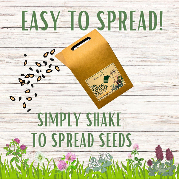 Seed packet with text 'Easy to spread! Simply shake to spread seeds' on a wooden background with plants.
