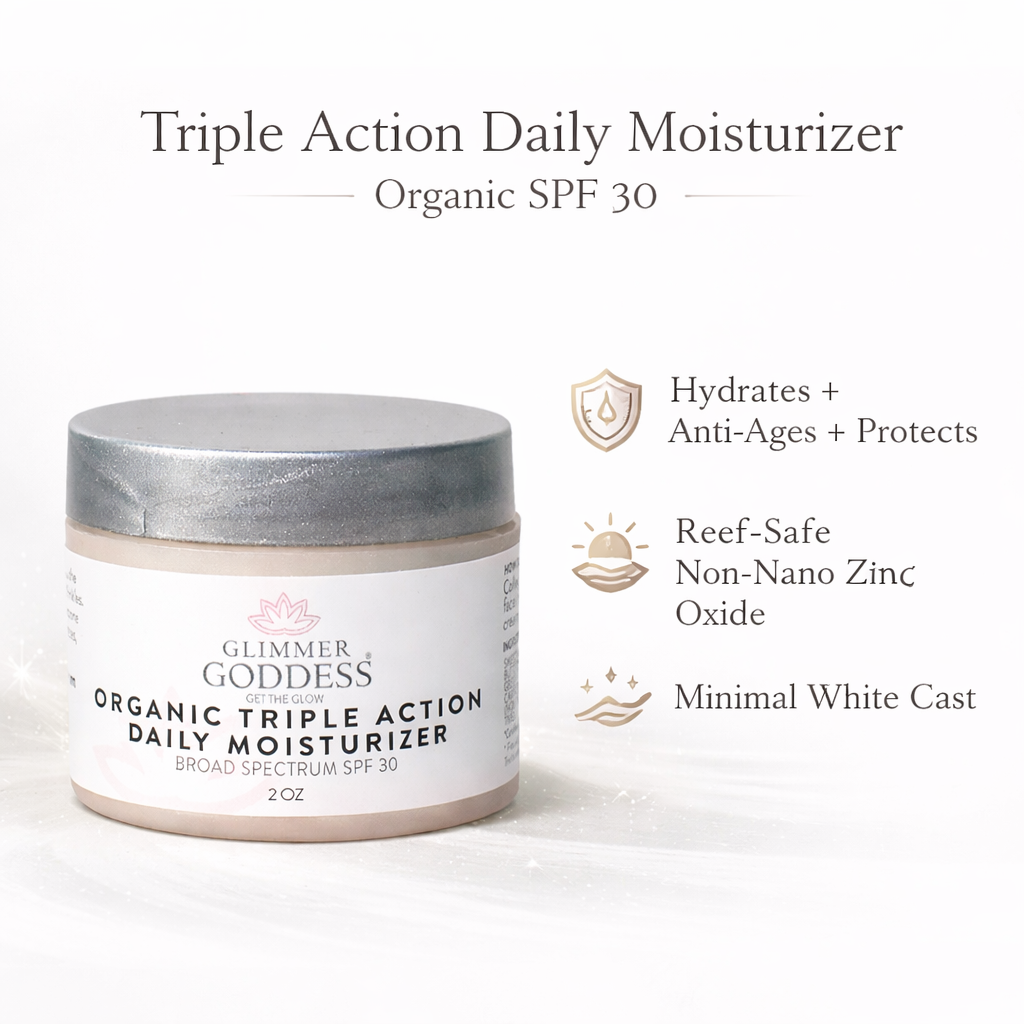 Glimmer Goddess organic triple action daily moisturizer with SPF 30 on a white background