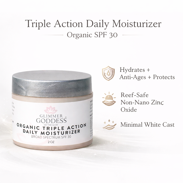 Glimmer Goddess organic triple action daily moisturizer with SPF 30 on a white background
