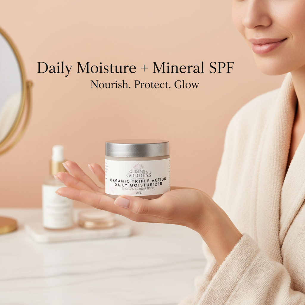 Person holding a jar of organic daily moisturizer with text about daily moisture and mineral SPF.