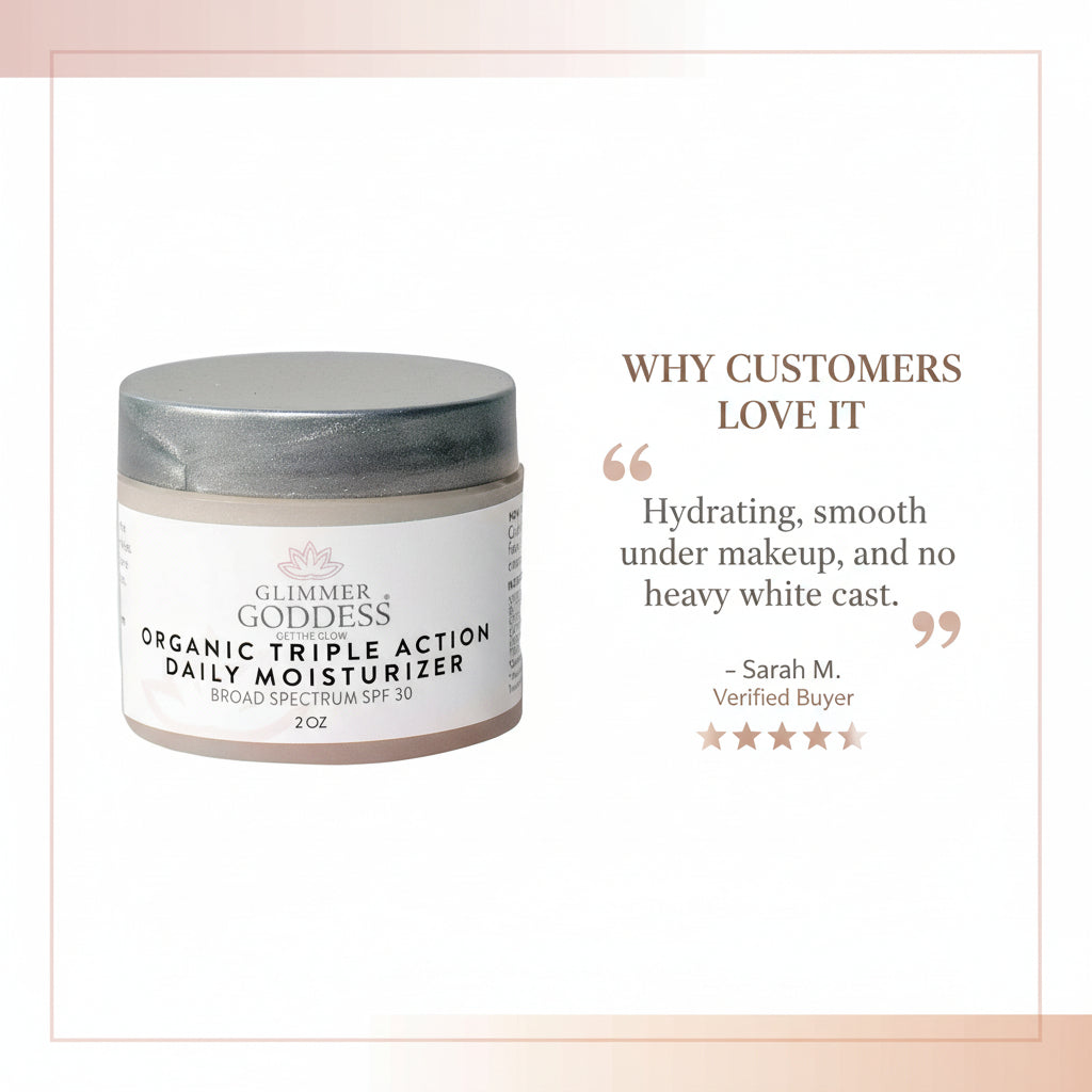 Glimmer Goddess organic triple action daily moisturizer jar with customer review text.
