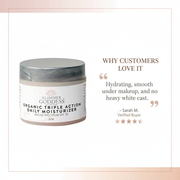 Glimmer Goddess organic triple action daily moisturizer jar with customer review text.