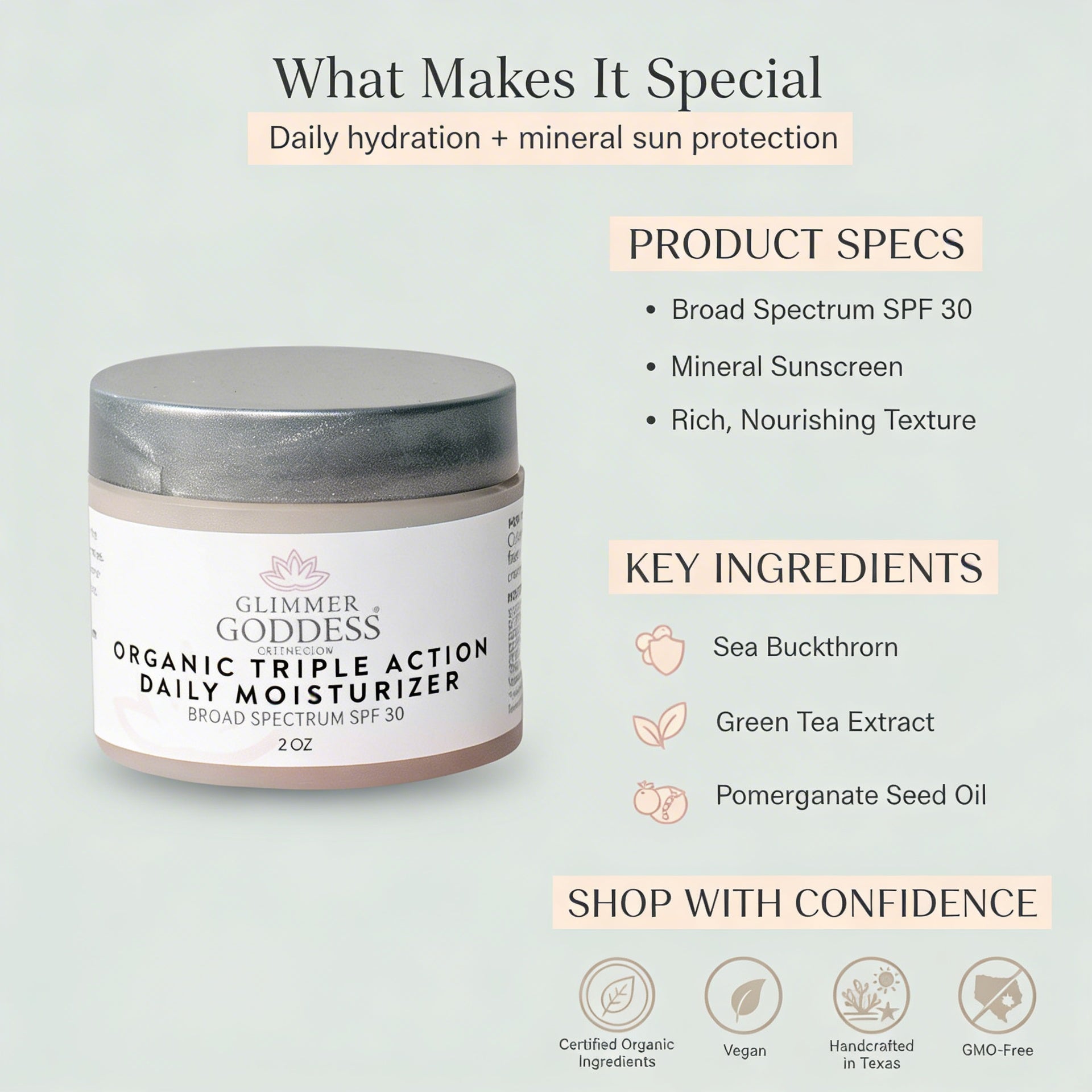 Glimmer & Goddess organic daily moisturizer with product details on a light gray background