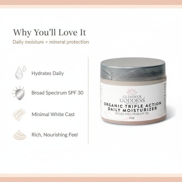 Glimmer Goddess organic triple action daily moisturizer with features listed on a white background