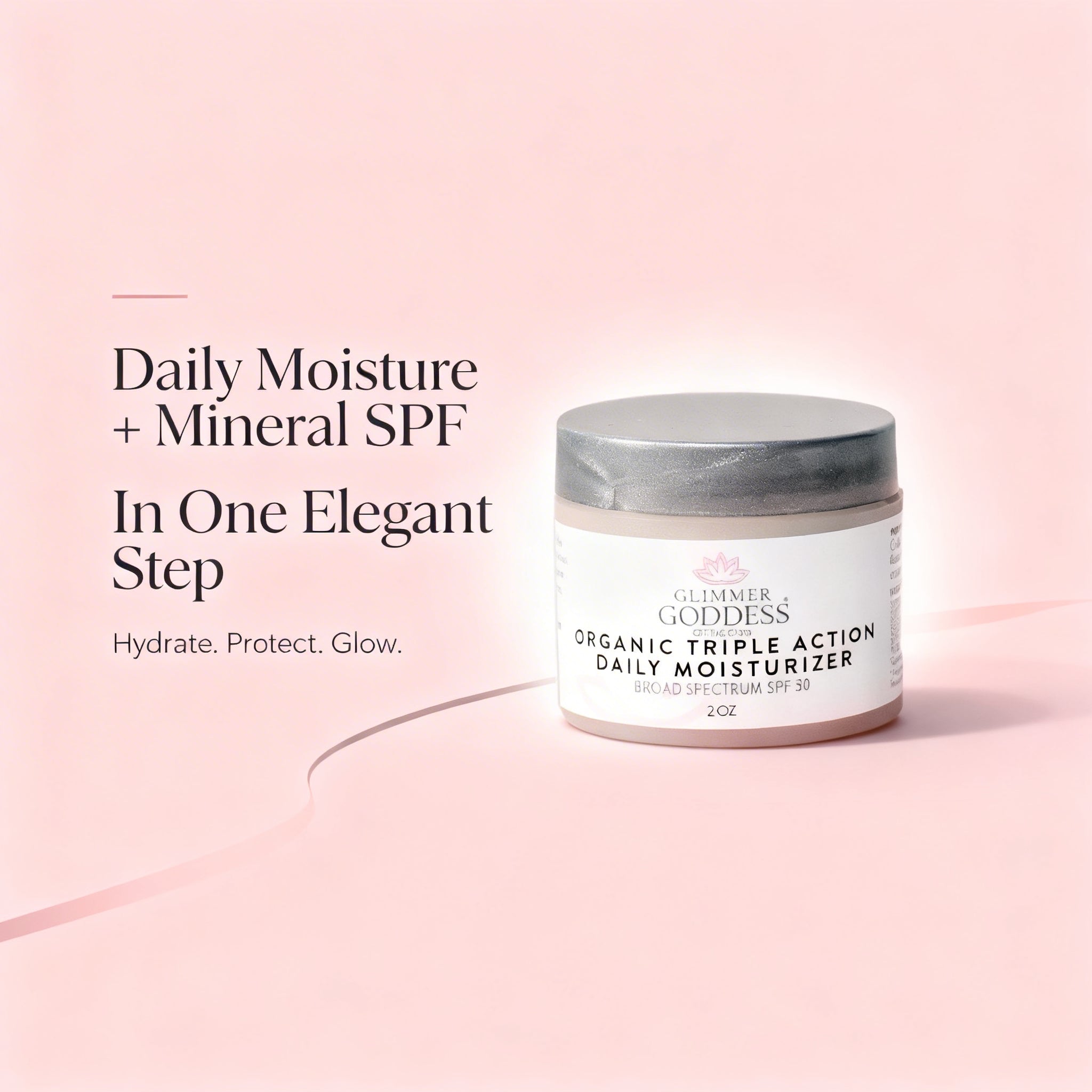 Jar of organic daily moisturizer with text on a pink background