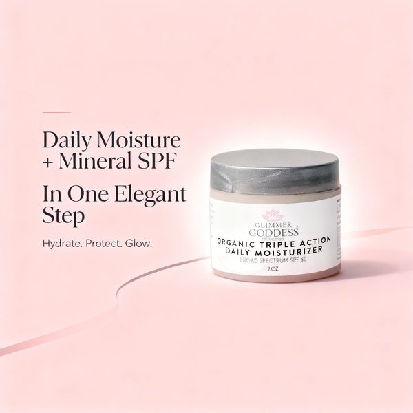 Jar of organic daily moisturizer with text on a pink background