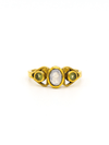 Triple Harvest Stone Ring with moonstone center and peridot green side stones in antiqued brass finish by Fair Anita