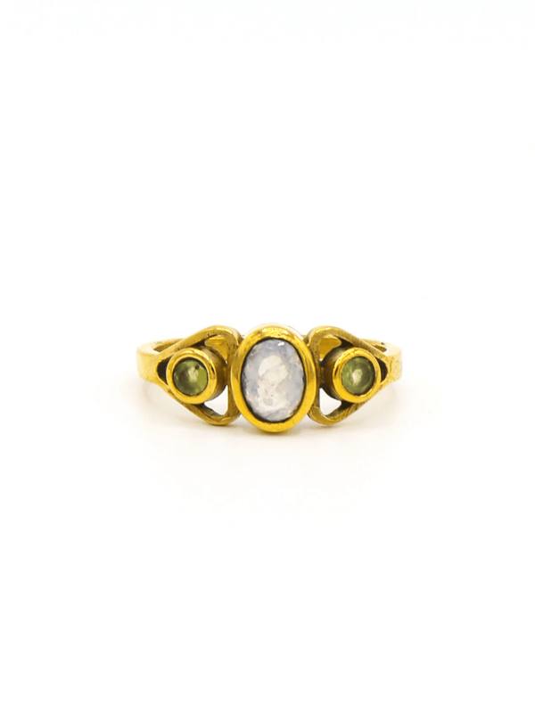 Triple Harvest Stone Ring with moonstone center and peridot green side stones in antiqued brass finish by Fair Anita