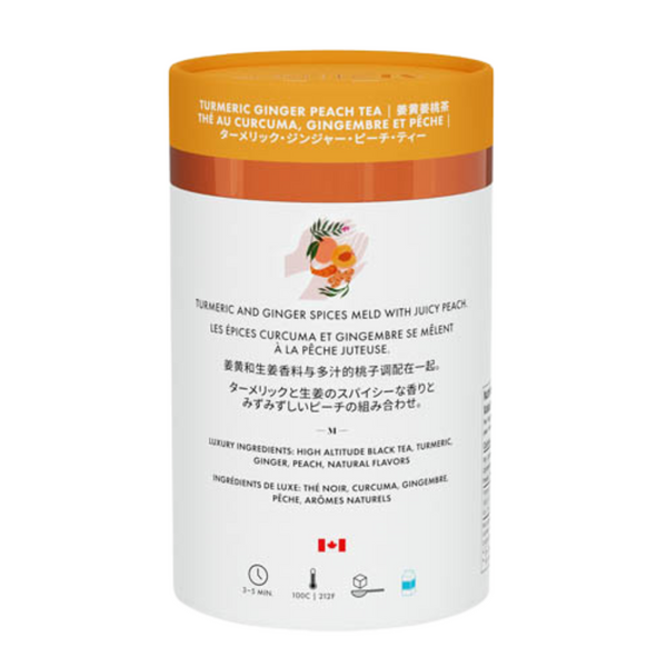 Tea canister with orange lid and white body on a white background