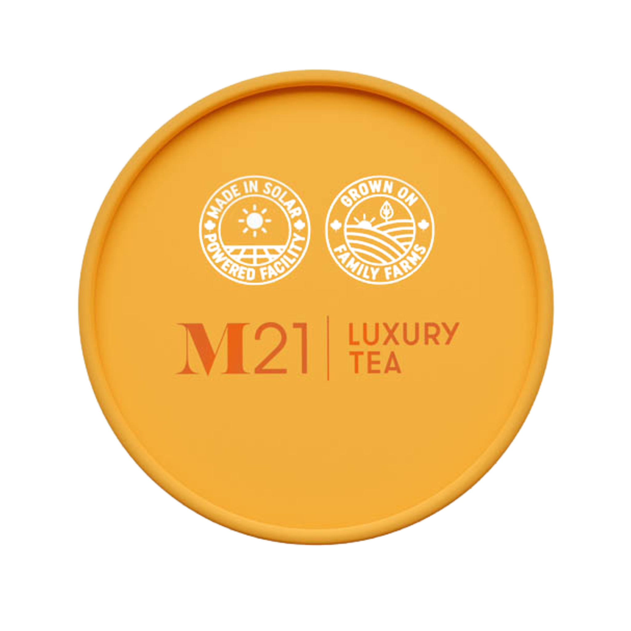 Yellow lid of M21 Luxury Tea packaging with branding and sustainability icons.