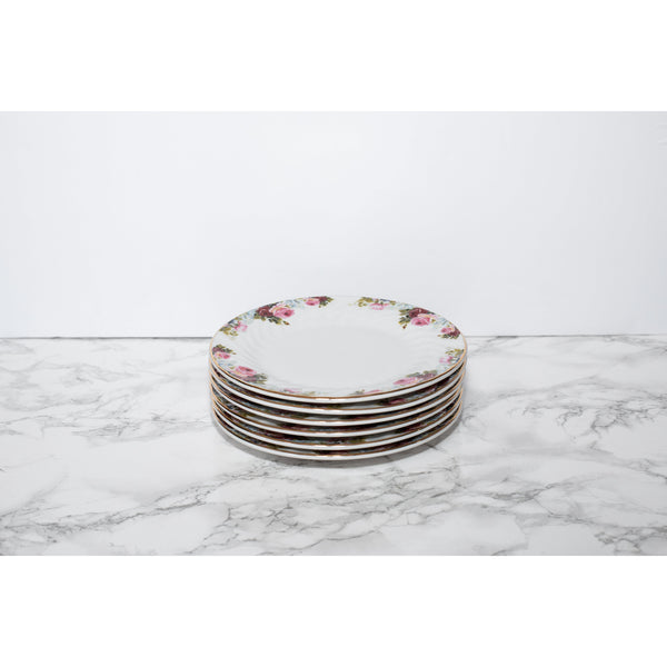 Limited Edition Vintage Bloom Dessert Plates! Sustainable beauty for your table. Floral design, 24k gold trim. Eco-Friendly Tuxton Home!