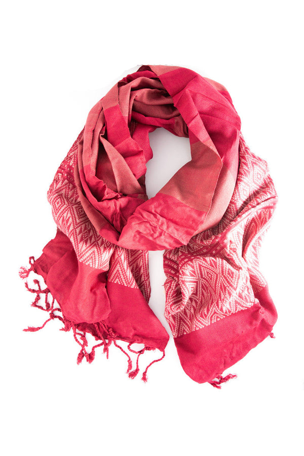 Tuyen handwoven patterned scarf in raspberry, draped and styled, fair trade made in Vietnam
