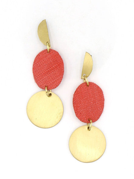 Fair Anita Twin Flame earrings in coral upcycled fabric with brass-plated recycled metal
