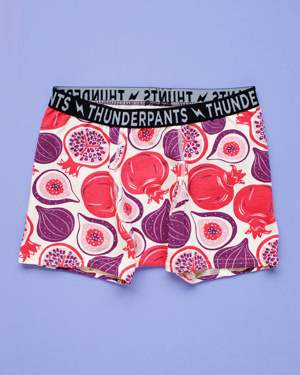 Boxer briefs with pomegranate pattern and 'Thunderpants' waistband on a purple background