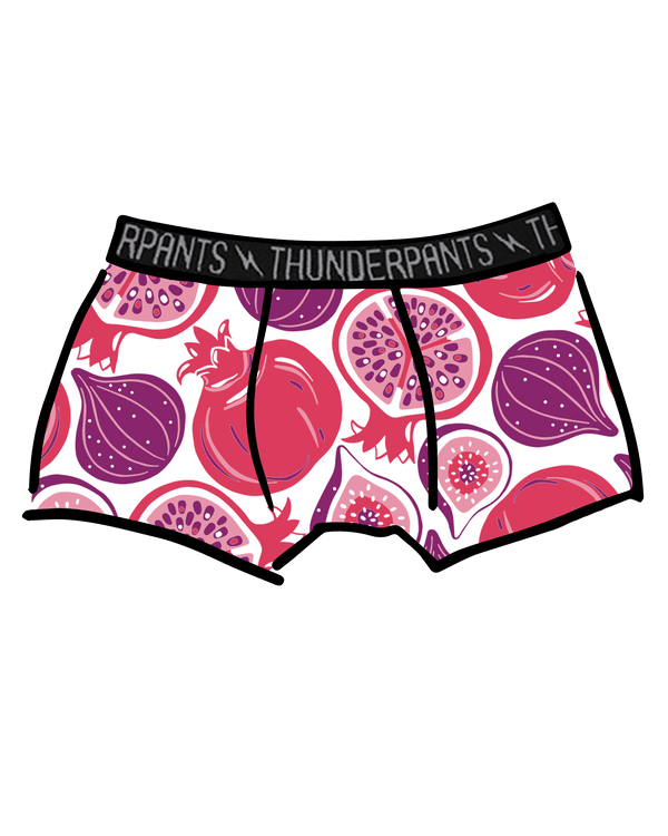 Boxer briefs with fig pattern and 'RPANTS x THUNDERPANTS' branding on a black background
