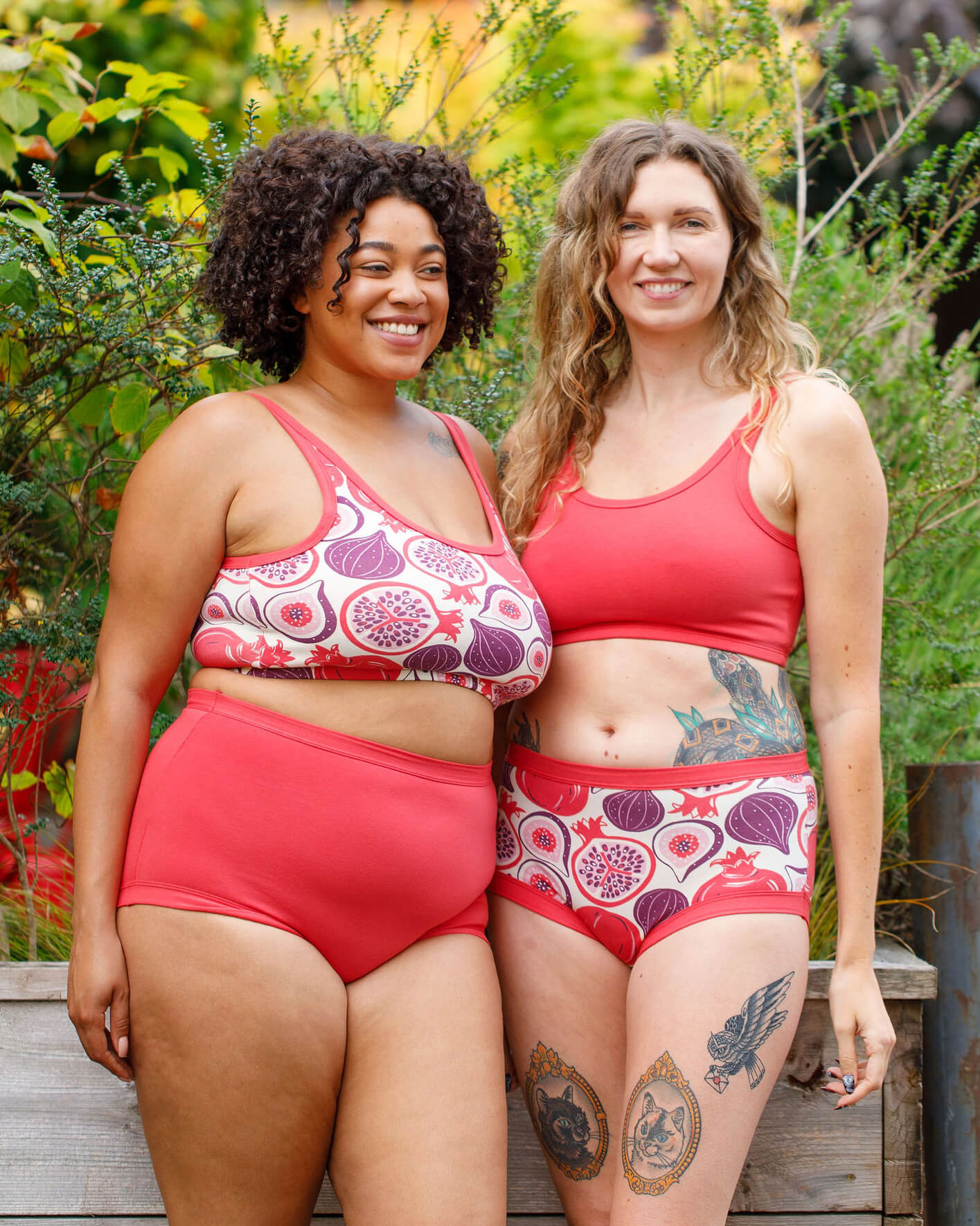 Two Thunderpants organic cotton styles in Pomegranate Punch colourway styled together