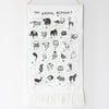 White wall hanging with black animal illustrations and text on a white background