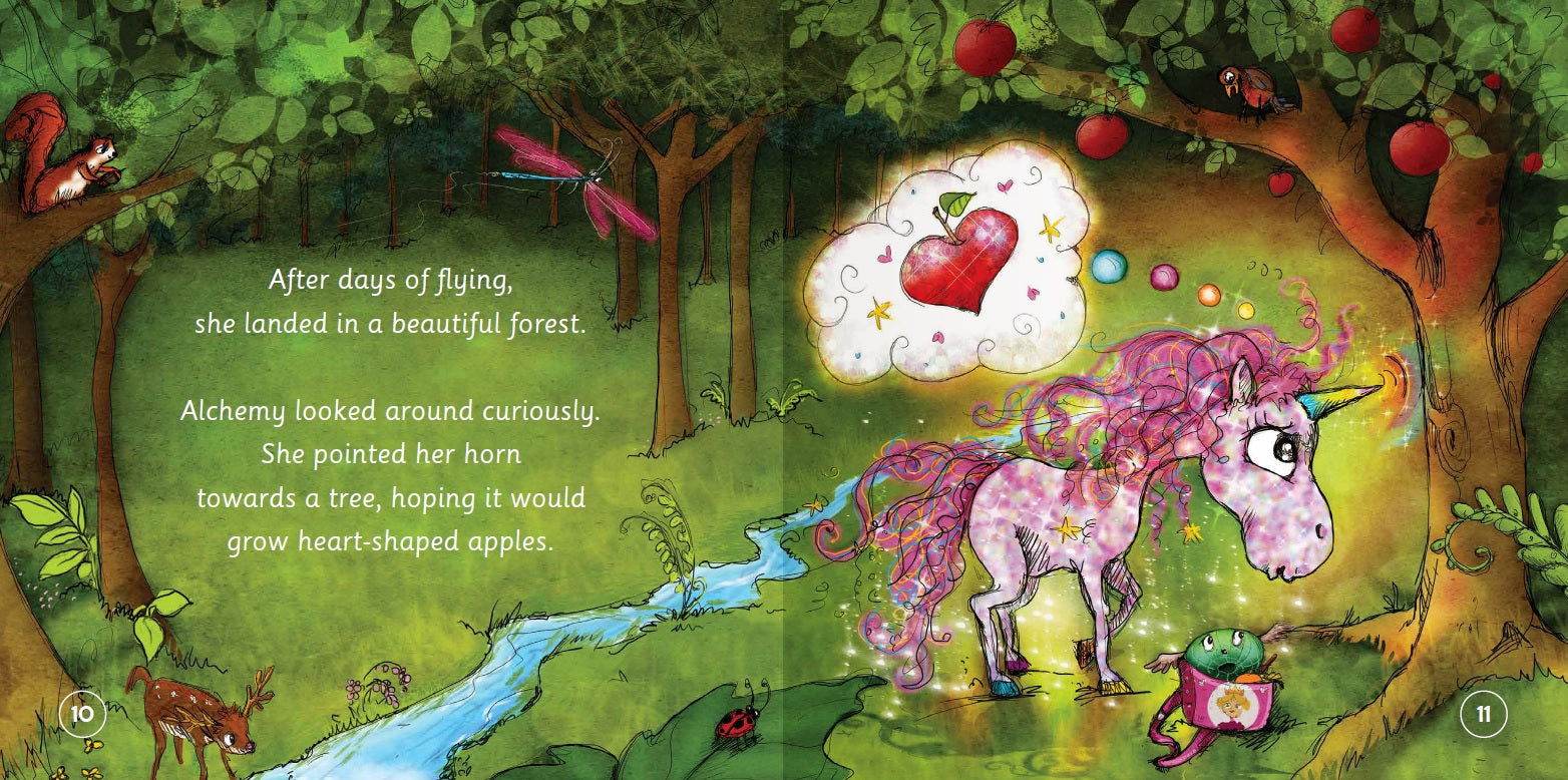 Second illustrated interior page from The Unicorn Who Found Her Magic – children's picture book about self-acceptance and inner magic