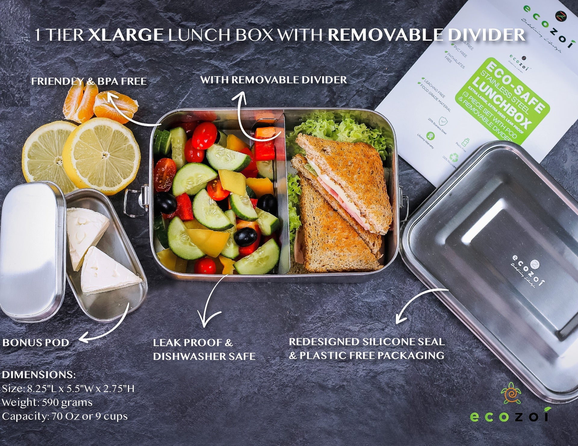 Ecozoi 50 oz stainless steel bento lunch box with removable divider on a wooden surface