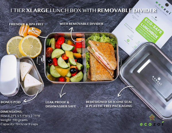 Ecozoi 50 oz stainless steel bento lunch box with removable divider on a wooden surface