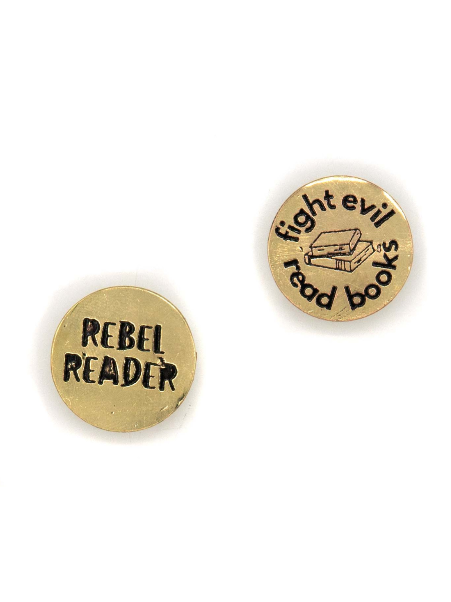 Recycled brass Reader Pins by Fair Anita — nickel-free, ethically made by women artisans in India, measuring 1 inch