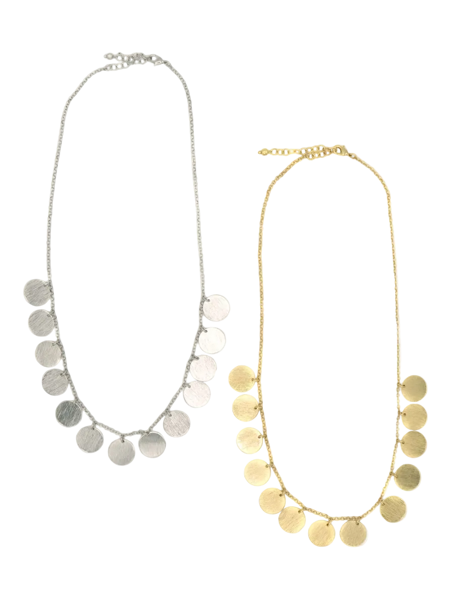 Fair Anita Disc Charm Necklace in brass and silver finish, multi-disc design on short chain