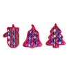 Set of three handmade Guatemalan holiday pot holders in bell, mitten and Christmas tree shapes