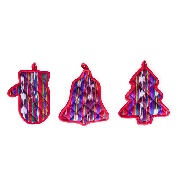Set of three handmade Guatemalan holiday pot holders in bell, mitten and Christmas tree shapes