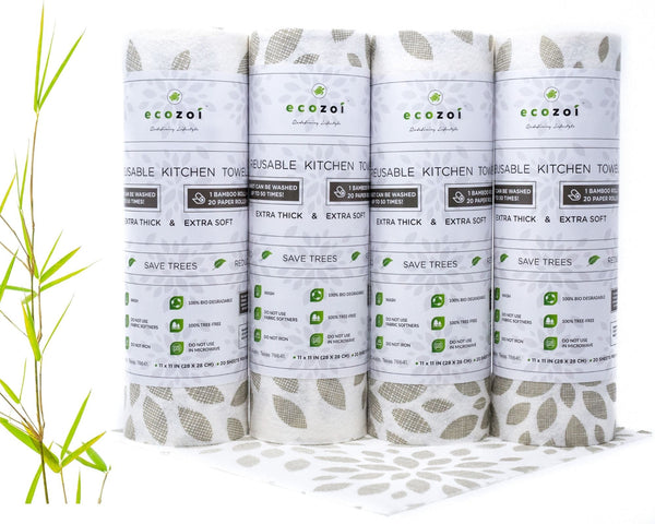 Ditch paper, embrace nature! ecozoi Reusable Bamboo Paper Towels - super absorbent, tree-free, washable, strong, 4-pack, lasts 800+ wipes. Sustainable cleaning, zero waste hero. Shop now!