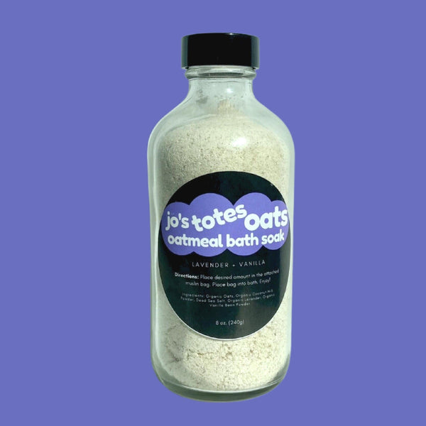 Jo's Totes Oats Oatmeal Bath Soak with organic oats, coconut milk, Dead Sea salt, lavender and vanilla — baby-safe, soothing bath soak with muslin pouch
