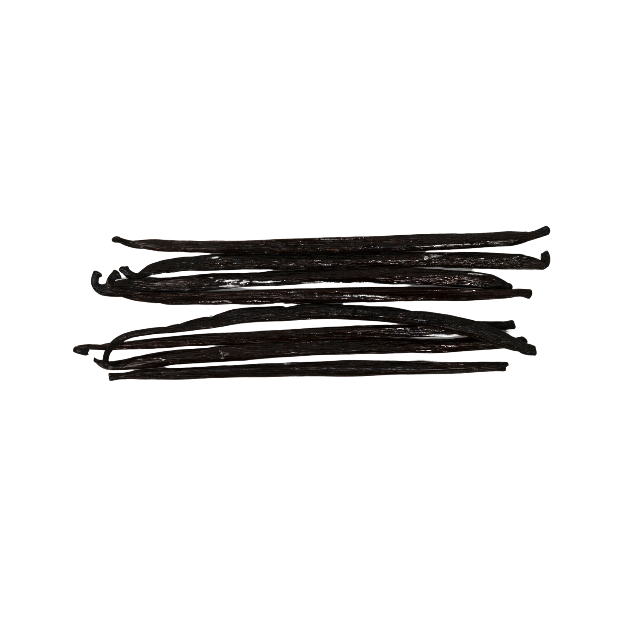 Five dark brown vanilla beans on a white background
