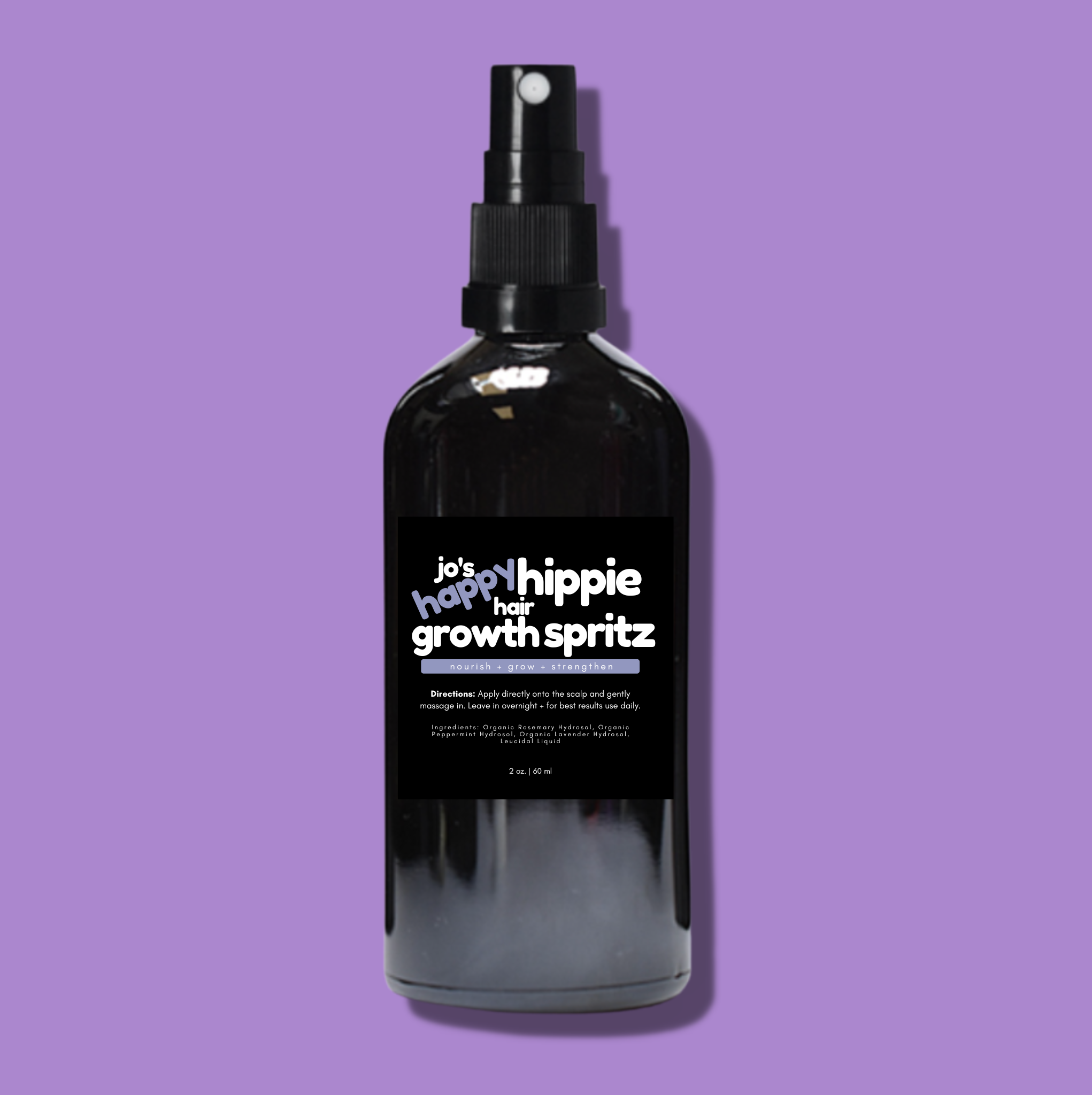 Jo's Happy Hippie Hair Growth Mist oil-free hydrosol scalp spray in glass bottle with organic rosemary, lavender, and peppermint