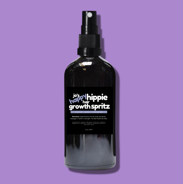 Jo's Happy Hippie Hair Growth Mist oil-free hydrosol scalp spray in glass bottle with organic rosemary, lavender, and peppermint