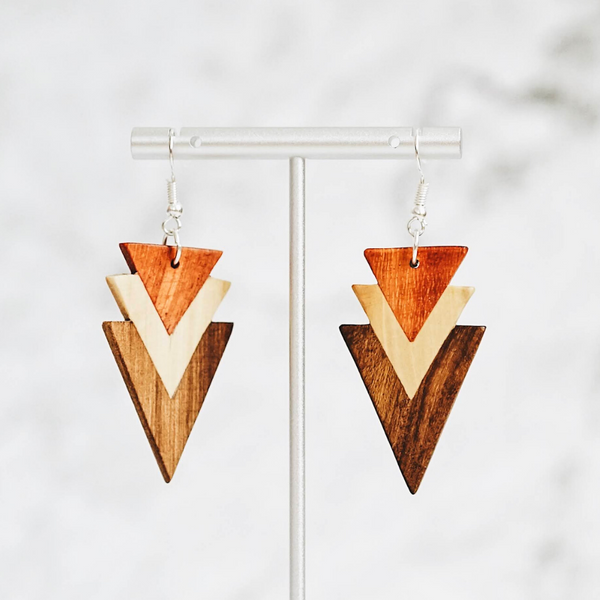 Tri-Tone Arrowhead Wood Earrings