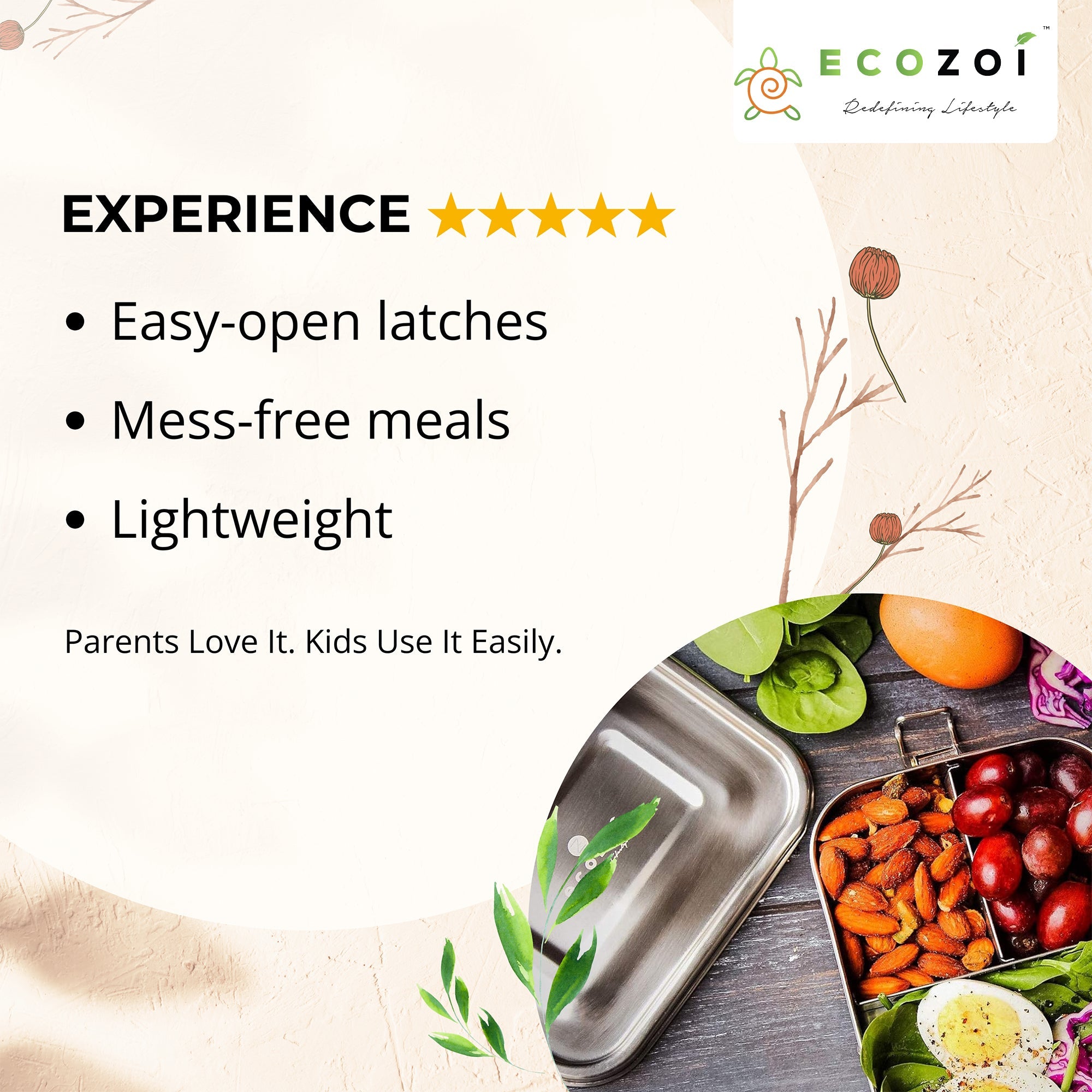 Ecozoi 3-Compartment Stainless Steel Bento Lunch Box – Leakproof, 24 Oz