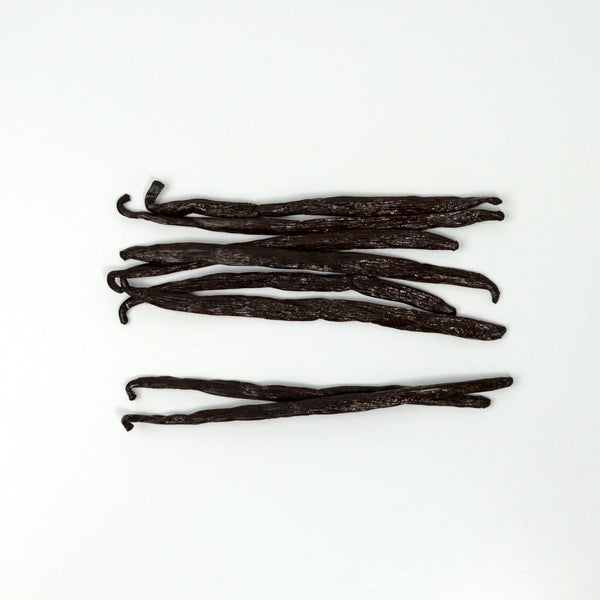 Vanilla beans arranged on a white background
